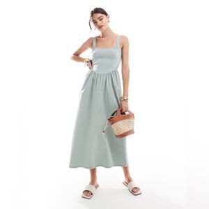ASOS Design 90s Square Neck Bengaline Faux Corset Bodice Pastel Aqua Midi Dress